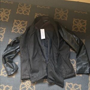 Black Mixed-Media Open Front Jacket with Faux Leather Sleeves and Back.